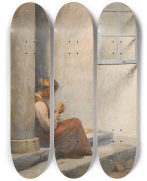 Triptych art skateboard deck of Peter Ilsted On The Porch Liselund by Peter Ilsted (1861-1933)