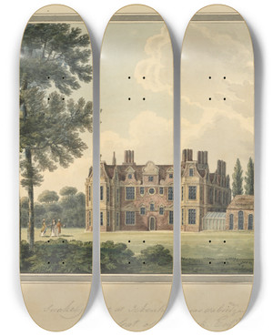 Triptych art skateboard deck of Charles Tomkins Swakeley House Middlesex by Charles Tomkins
