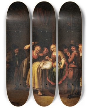Triptych art skateboard deck of Gerrit Lundens Slipper Game At An Inn by Gerrit Lundens (1622-1686)