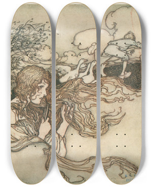 Triptych art skateboard deck of Arthur Rackham Blow Blow Little Breeze And Conrads Hat Seize by Arthur Rackham (1867-1939)