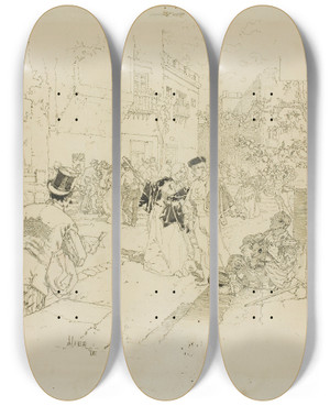 Triptych art skateboard deck of Daniel Urrabieta Vierge Street Scene by Daniel Urrabieta Vierge (1851-1904)