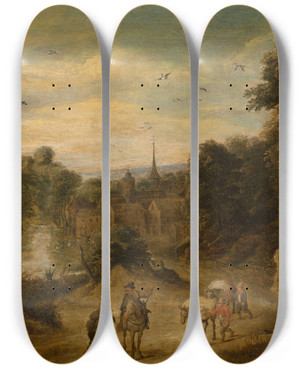 Triptych art skateboard deck of Theobald Michau Landscape With Figures by Theobald Michau (1676-1765)