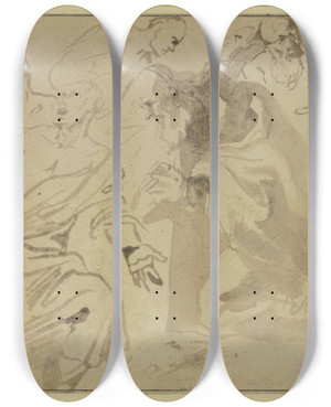 Triptych art skateboard deck of Anthony Van Dyck Studienblatt Sieben Heilige by Anthony Van Dyck (1599-1641)
