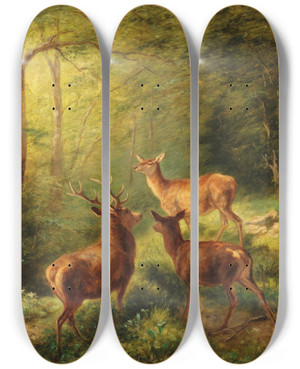 Triptych art skateboard deck of Franz Xaver Von Pausinger Rotwild In Sonniger Waldlichtung by Franz Xaver von Pausinger (1839-1915)