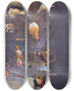 Triptych art skateboard deck of Tiit Psuke Sugupuu by Tiit Paasuke (1941)