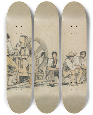 Triptych art skateboard deck of Samuel Prout Mechanical Grinder With Figures by Samuel Prout (1783-1852)