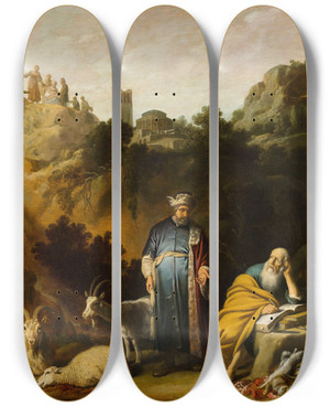 Triptych art skateboard deck of Nicolaes Moeyaert Hippocrates Visiting Democritus by Nicolaes Moeyaert (1592-1655)