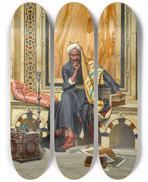 Triptych art skateboard deck of Ludwig Deutsch The Scribe_1 by Ludwig Deutsch (1855-1935)