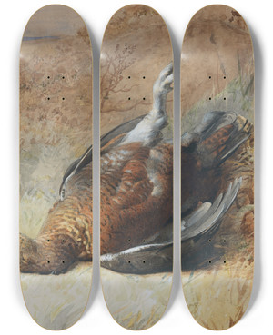 Triptych art skateboard deck of Archibald Thorburn Study Of A Grouse by Archibald Thorburn (1860-1935)