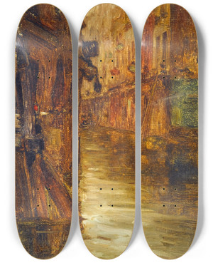 Triptych art skateboard deck of Germain Eugne Bonneton La Rue De Bivre Vue Du Boulevard Saintgermain Inondations De 1910 by Germain Eugene Bonneton (1874-1915)