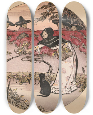 Triptych art skateboard deck of Helen Hyde A Mexican Coquette by Helen Hyde (1868-1919)