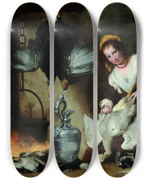 Triptych art skateboard deck of Bernardo Strozzi The Cook by Bernardo Strozzi (1581-1644)