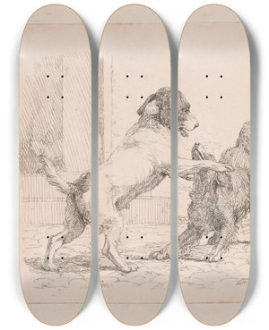 Triptych art skateboard deck of Lorenz Frlich To Legende Hunde by Lorenz Frolich (1820-1908)