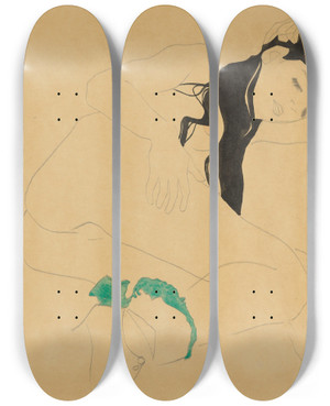 Triptych art skateboard deck of Egon Schiele Liegender Mdchenakt by Egon Schiele (1890-1918)