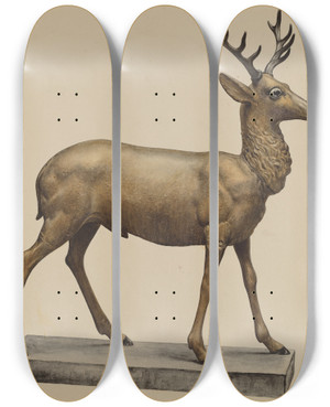 Triptych art skateboard deck of Elisabeth Fulda Deer Lawn Figure by Elisabeth Fulda