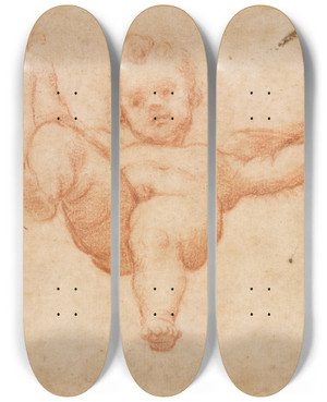 Triptych art skateboard deck of Annibale Carracci Flying Cupid by Annibale Carracci (1560-1609)