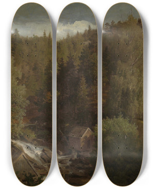 Triptych art skateboard deck of Hans Gude Landscape With A Mill_1 by Hans Gude (1825-1903)