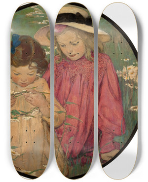Triptych art skateboard deck of Jessie Willcox Smith The Daisy Wreath_2 by Jessie Willcox Smith (1863-1935)
