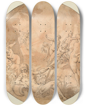Triptych art skateboard deck of Hans Rottenhammer Diana Surprised At Her Bath by Hans Rottenhammer (1564-1625)