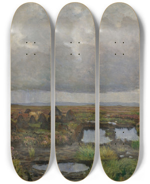 Triptych art skateboard deck of Kitty Kielland Peat Bog On Jren by Kitty Kielland (1843-1914)