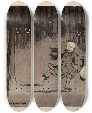 Triptych art skateboard deck of Helen Hyde Goblin Lanterns by Helen Hyde (1868-1919)