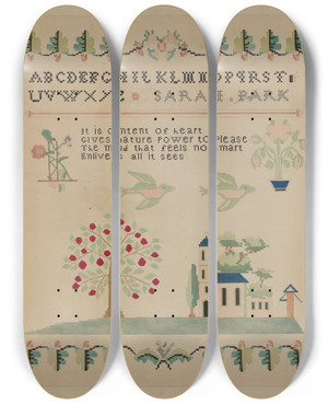 Triptych art skateboard deck of Dorothy Posten Sampler by Dorothy Posten
