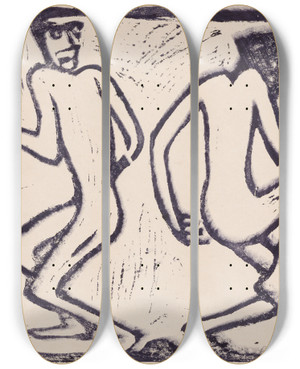Triptych art skateboard deck of Christian Rohlfs Two Dancing Figures by Christian Rohlfs (1849-1938)