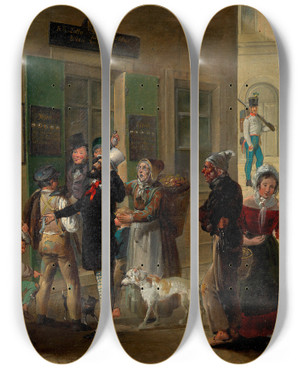 Triptych art skateboard deck of August Mansfeld Vor Der Lottokollektur by August Mansfeld (1816-1901)