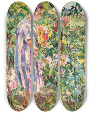 Triptych art skateboard deck of August Rieger Im Garten by August Rieger (1886-1941)