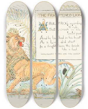 Triptych art skateboard deck of Walter Crane The Frightened Lion by Walter Crane (1845-1915)