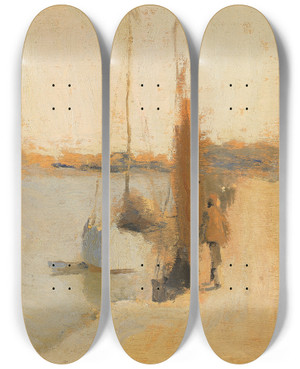 Triptych art skateboard deck of Frank Edwin Scott Bateau De Peche by Frank Edwin Scott (1863-1929)