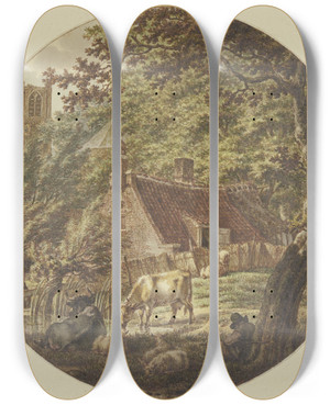 Triptych art skateboard deck of Jacob Cats Htte Im Walde Mit Einigem Vieh Links Ein Kirchturm by Jacob Cats (1741-1799)