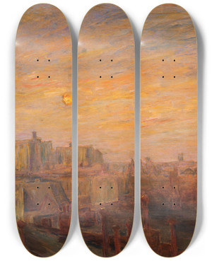 Triptych art skateboard deck of Carroll Brown From My Studio Window by Carroll Brown (1862-1923)