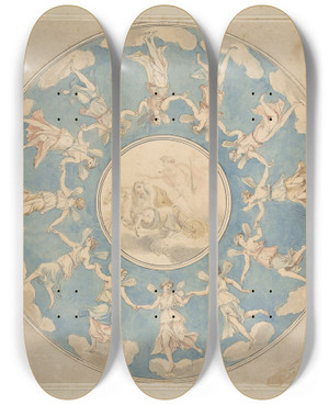 Triptych art skateboard deck of Angelica Kauffmann Design For Ceiling Apollo And The Hours by Angelica Kauffmann (1741-1807)