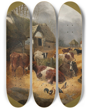 Triptych art skateboard deck of John Frederick Herring Jr Farmyard Scene_2 by John Frederick Herring Jr (1820-1907)
