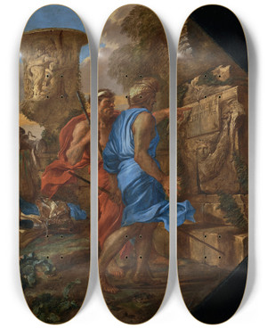 Triptych art skateboard deck of Giovanni Benedetto Castiglione Arcadian Shepherds by Giovanni Benedetto Castiglione (1609-1664)