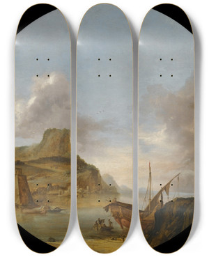 Triptych art skateboard deck of Artus Del Monte An Italianate Harbour by Artus del Monte (1680)