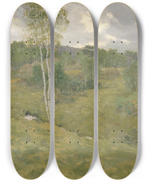 Triptych art skateboard deck of Ben Foster Birchclad Hills by Ben Foster (1852-1926)