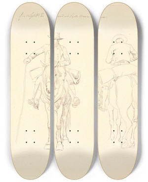 Triptych art skateboard deck of Johan Thomas Lundbye Campagnol Til Hest Set Forfra Og Bagfra Samt Studie Af En Hests Bagben by Johan Thomas Lundbye (1818-1848)