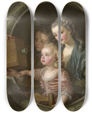 Triptych art skateboard deck of Charles Amde Philippe Van Loo The Camera Obscura by Charles Amedee Philippe Van Loo (1719-1795)