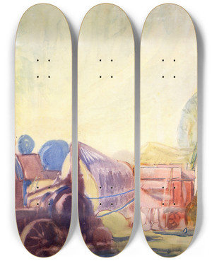 Triptych art skateboard deck of Frances Hodgkins Traction Engine by Frances Hodgkins (1869-1947)