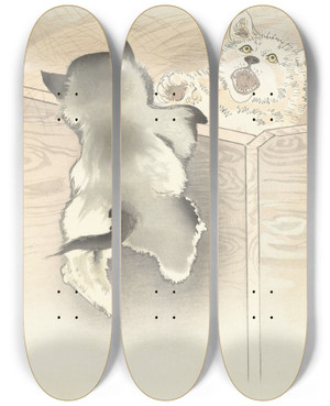 Triptych art skateboard deck of Ohara Koson Two Playing Dogs by Ohara Koson (1877-1945)