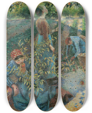 Triptych art skateboard deck of Camille Pissarro Apple Picking by Camille Pissarro (1830-1903)