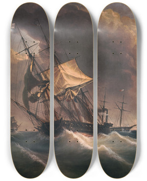 Triptych art skateboard deck of Frederic Roux Sailing Ship In Storm by Frederic Roux (1805-1874)