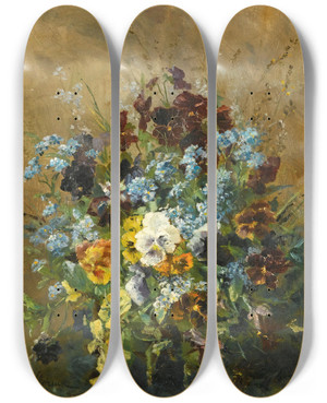 Triptych art skateboard deck of Olga Wisingerflorian Still Leben Mit Stiefmtterchen Still Life With Pansies by Olga Wisinger-Florian (1844-1926)