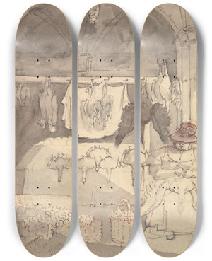 Triptych art skateboard deck of William Henry Pyne Poulterers Shop by William Henry Pyne (1769-1843)