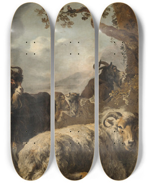 Triptych art skateboard deck of Jan Baptist Weenix Shepherd Boy With Sheep And Goats by Jan Baptist Weenix (1621-1660)
