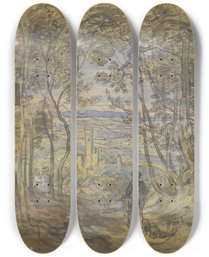 Triptych art skateboard deck of Anton Burger Blick Aus Dem Wald Auf Eppstein by Anton Burger (1824-1905)