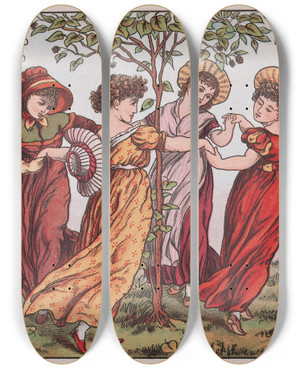 Triptych art skateboard deck of Walter Crane The Mulberry Bush by Walter Crane (1845-1915)