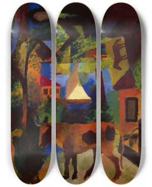 Triptych art skateboard deck of August Macke Landscape With Cows Sailboat And Figures by August Macke (1887-1914)